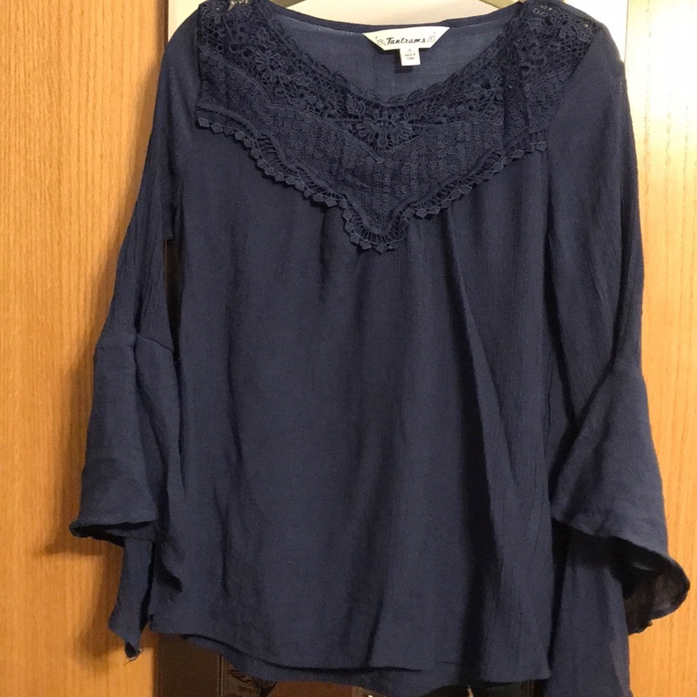 Beautiful Navy Boho blouse from Tantrums size Medium.  Lacy/crochet chest yolk
